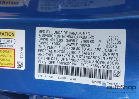 2023 Honda Civic Ex /Ex W/O Bsi из США, поврежденный, VIN 2HGFE1F78PH309194